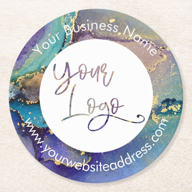 Mehrfarbige Gold Liquid Abstrakt Art Your Logo Runder Pappuntersetzer (Vorderseite)