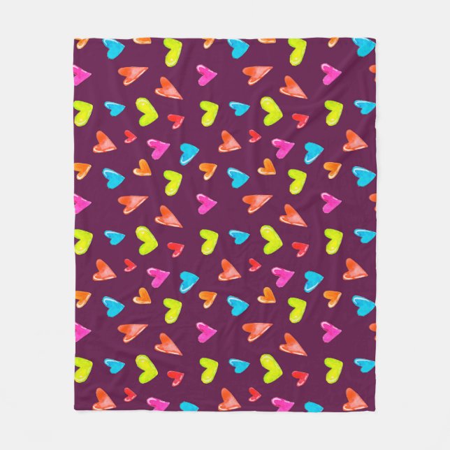 Mehrfarbige Herzen: Lila Wasserfarben-Muster. Fleecedecke (Vorderseite)