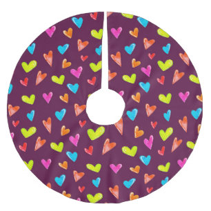 Mehrfarbige Herzen: Lila Wasserfarben-Muster. Polyester Weihnachtsbaumdecke