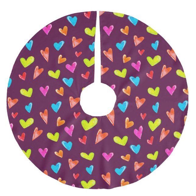 Mehrfarbige Herzen: Lila Wasserfarben-Muster. Polyester Weihnachtsbaumdecke (Vorderseite)