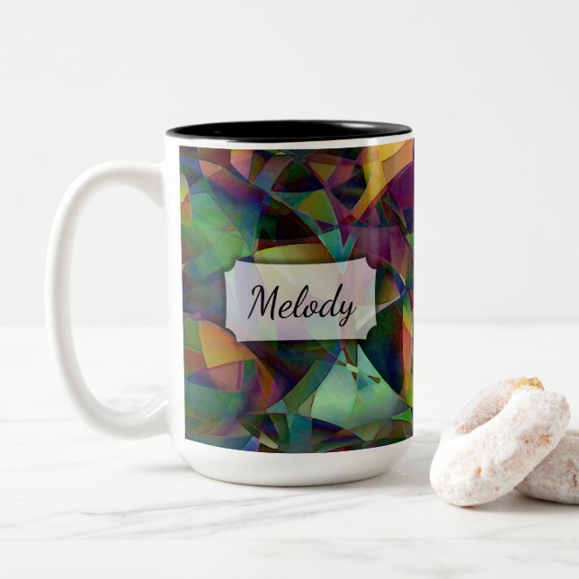 mehrfarbige, kaleidoskopische Abstrakte Kunst mit  Zweifarbige Tasse (Mit Donut)