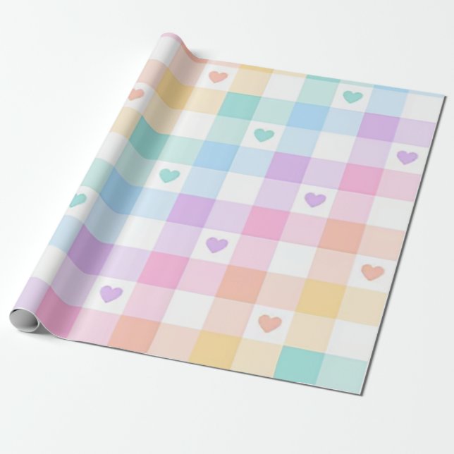 mehrfarbige Karierte Pastel Hearts Geschenkpapier (Ungerollt)