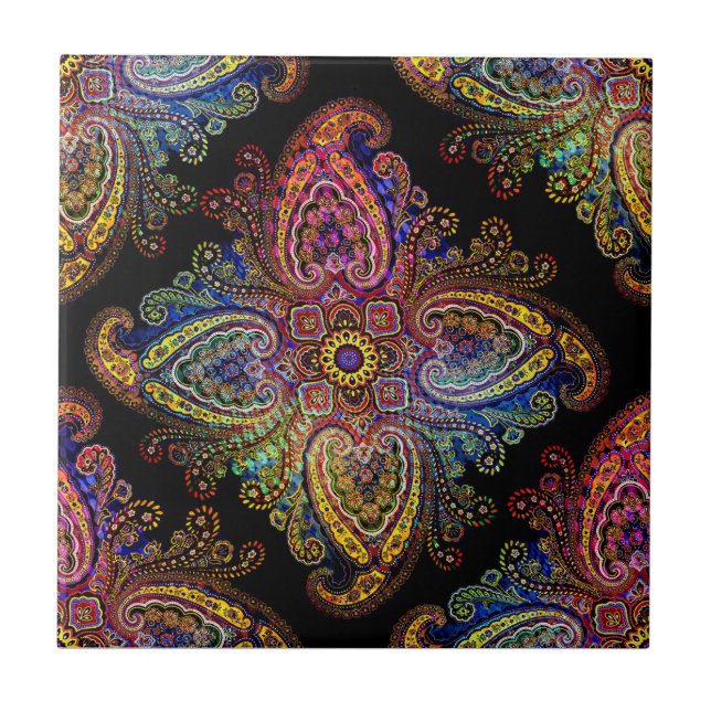 Mehrfarbige Nadelrad-Paisley auf Schwarz Fliese (Vorderseite)