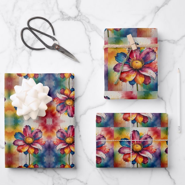 mehrfarbige Rainbow-Blume Geschenkpapier Set (Vorderseite)