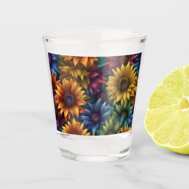 Mehrfarbige Sonnenblumen #4 - Schnapsglas (Vorderseite)