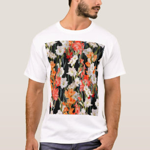 Mehrfarbiger Gladiolus: Wasserfarbe auf schwarzem T-Shirt