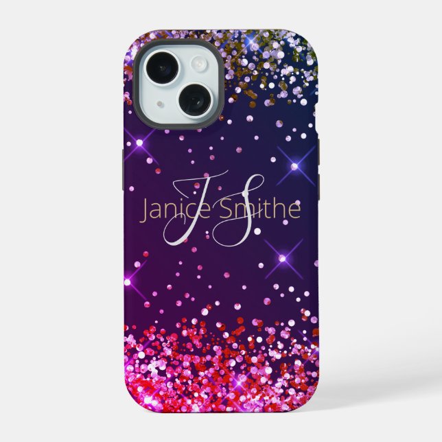 Mehrfarbiger Glitter-Monogramm iPhone 15 Hülle (Rückseite)