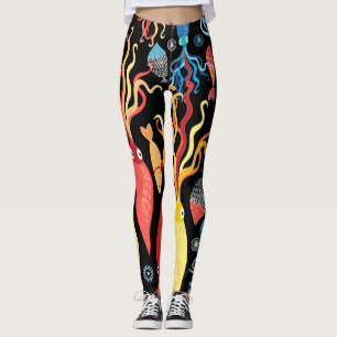 mehrfarbiger Tintenfisch Schwarzer Hintergrund Leggings