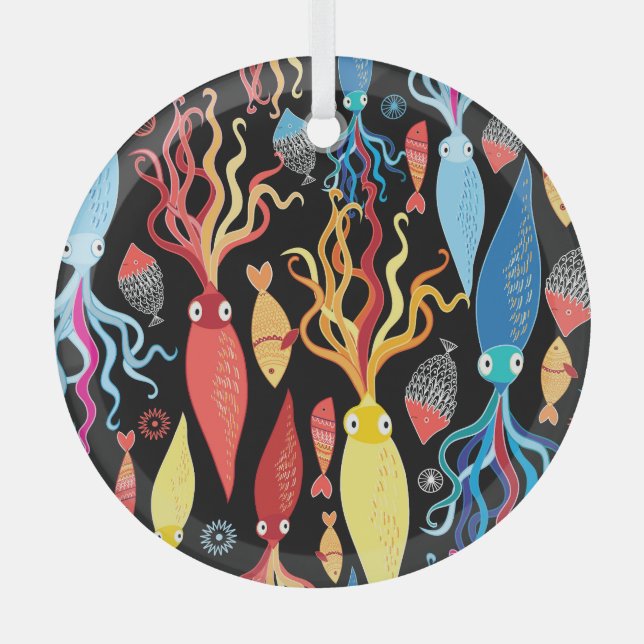 mehrfarbiger Tintenfisch Schwarzer Hintergrund Ornament Aus Glas (Vorderseite)