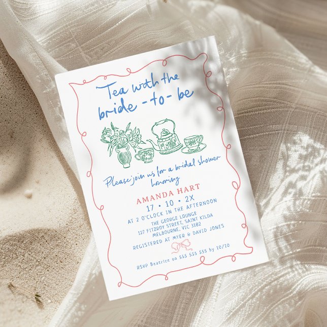 Mehrfarbiges Brautparty aus weißem Tee Einladung (Whimsical Tea Bridal Shower Invitation, Hand Drawn Three Colors, Tea With Bride To Be Invite Quirky)