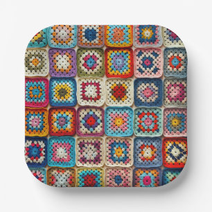 mehrfarbiges Crocheted Granny Square Quilt Pappteller