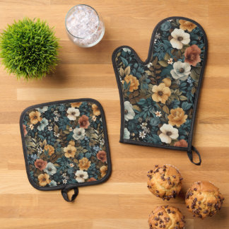 mehrfarbiges, florales Wiederholmuster Ofenhandschuh & Topflappen-Set