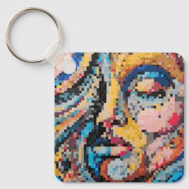 Mehrfarbiges Gesicht in Pixel-Art Schlüsselanhänger