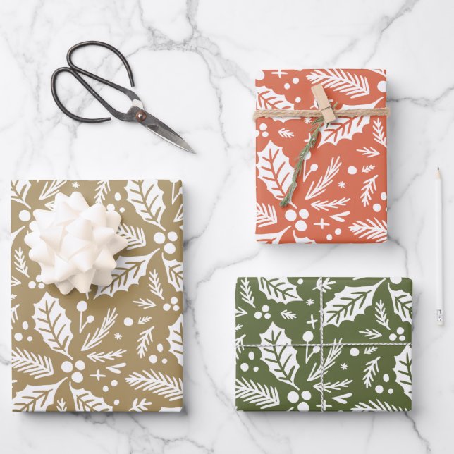 Mehrfarbiges Handgezeichnetes Holly-Berry-Muster Geschenkpapier Set (Vorderseite)