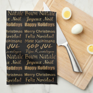 Mehrsprachige goldene Glitter-Weihnachtsgrüße Geschirrtuch