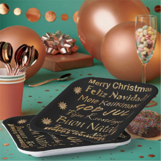 Mehrsprachige goldene Glitter-Weihnachtsgrüße  Pappteller
