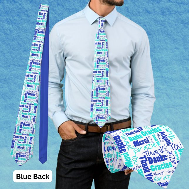 Mehrsprachiger Dank an Typografy Collage Krawatte (Blue and turquoise multilingual thank you polyester tie with blue back. )