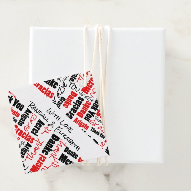 Mehrsprachiger Dank an Typografy Red Black Geschenkanhänger (Beispiel)