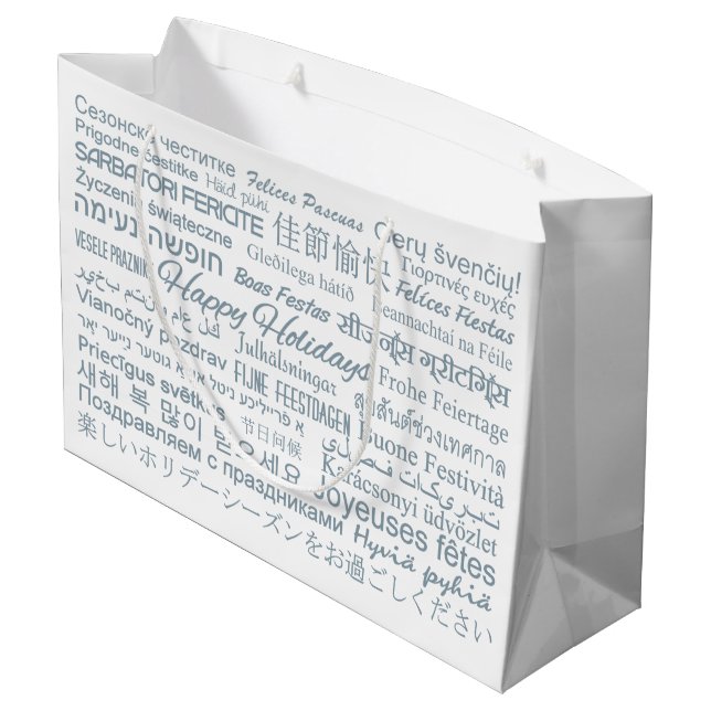 Mehrsprachiges Geschenk "Happy Holidays" Große Geschenktüte (Rückseite Schrägansicht)