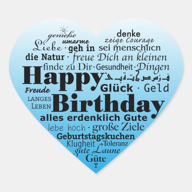 Mehrsprachiges Glück zum Geburtstag Herz-Aufkleber (Vorderseite)