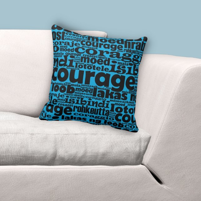 Mehrsprachiges Muster Blau und Schwarz Kissen (Multilingual Type Blue & Black Courage Pattern Throw Pillow)
