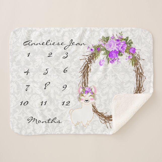 Meilenstein Baby Blanket - Llama - Lila Sherpadecke (Vorderseite (Horizontal))