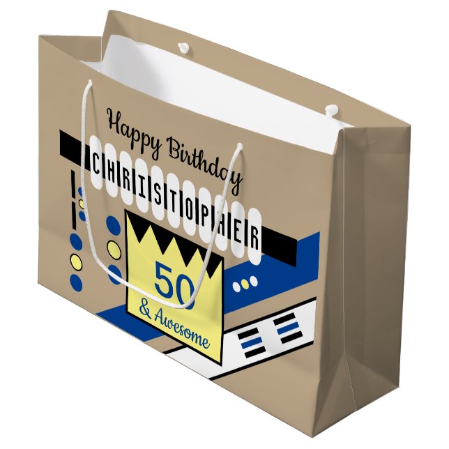 Meilenstein besondere Geburtshaus Name blau gelb Große Geschenktüte (Vorderseite Schrägansicht)