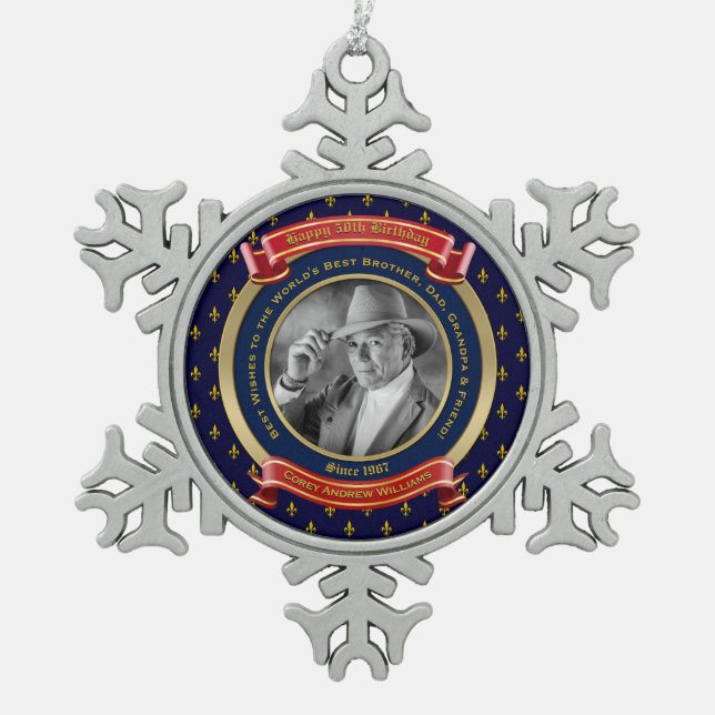 Meilenstein Birthday Gold Foto 50. Fünfzig Blau Ro Schneeflocken Zinn-Ornament (Vorderseite)