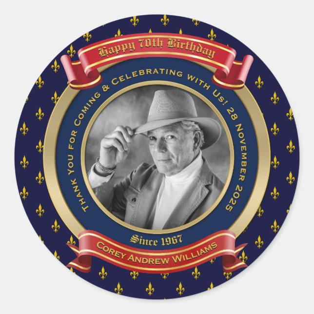 Meilenstein Birthday Gold Foto 70. 70 Blue Runder Aufkleber (Vorderseite)