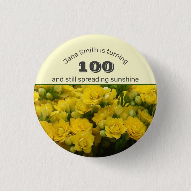 Meilenstein Geburtstag Gelbe Blüte 100. Feier Button (Vorderseite)