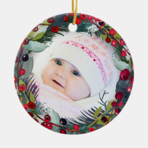 Mein 1. Weihnachtsbaby-Foto Holly Wreath Keramik Ornament