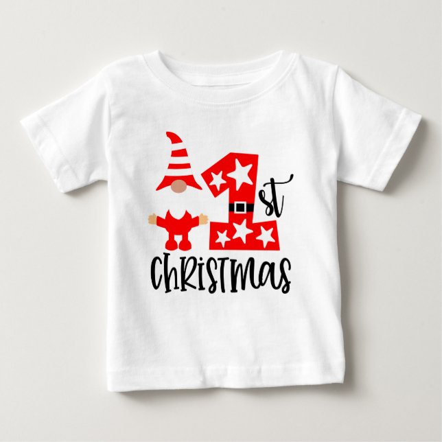 Mein 1. Weihnachtsfest Niedlich Gnome Santa Modern Baby T-shirt (Vorderseite)