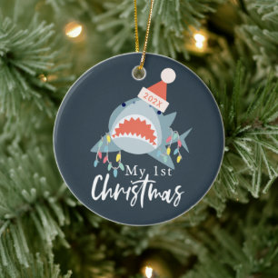 Mein 1. Weihnachtshai Santa Holiday Lights Foto Keramik Ornament