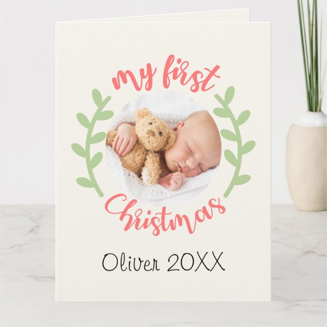 Mein 1. Weihnachtsjunge Name FOTO Wreath Holiday Karte (Vorderseite)