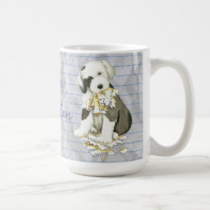 Mein alter englischer Sheepdog hat meinen Lektions Tasse