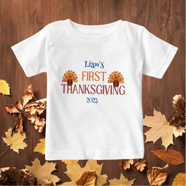 Mein erster Erntedank Name weiß Baby T-shirt (First Thanksgiving Add a Name and a Year baby t-shirt)