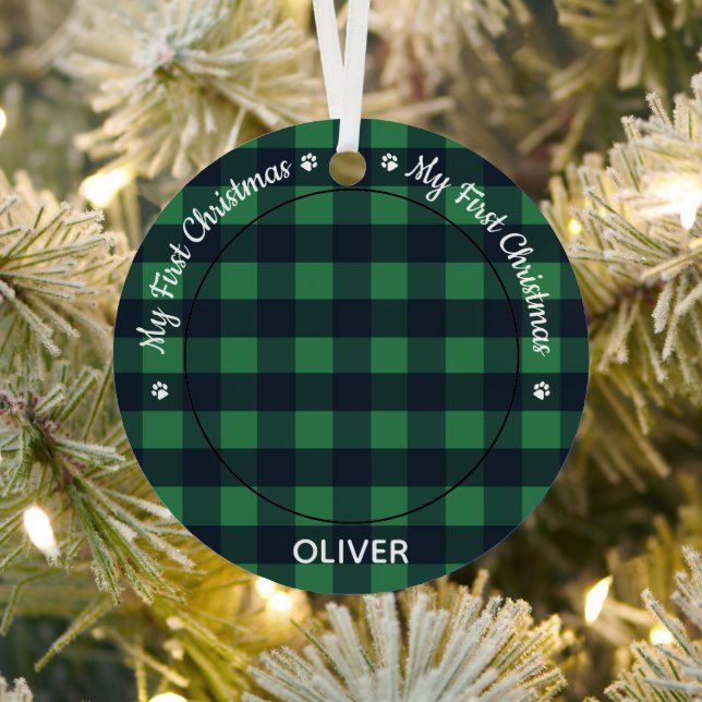 Mein erster Hund Weihnachten Welpen Foto Grün Kari Ornament Aus Metall (InSitu)