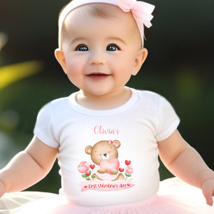 Mein erster Valentinstag Personalisiert Name Pink Baby T-shirt