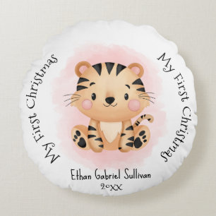 Mein erster Weihnachts-Individuelle Name Tiger Wei Rundes Kissen
