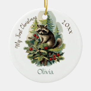 Mein erster Weihnachts Niedlicher Vintager Raccoon Keramik Ornament