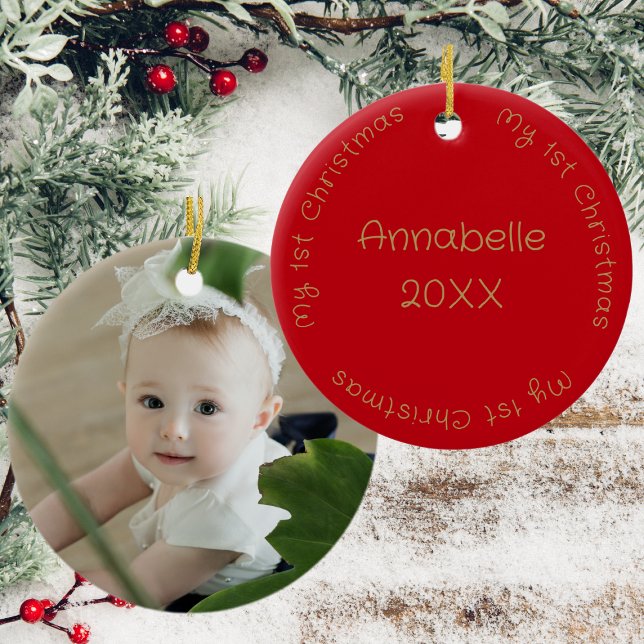 Mein erster Weihnachtsname und Foto rot und goldfa Keramik Ornament (Back And Front)