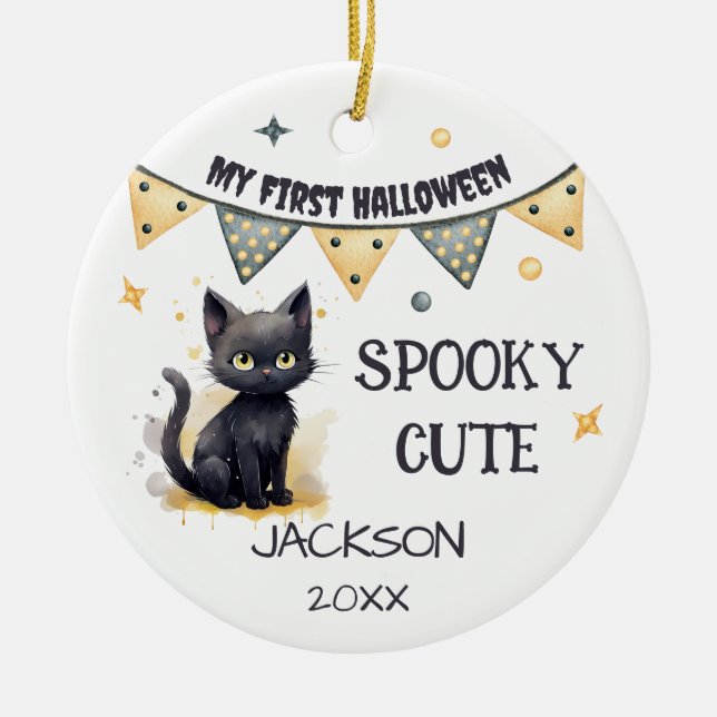 Mein erstes Halloween - Niedliche Schwarze Katze i Keramik Ornament (Vorne)