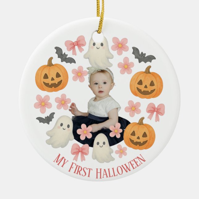 Mein erstes Halloween | Niedlicher Pumpkin & Ghost Keramik Ornament (Vorne)