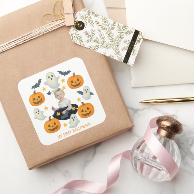 Mein erstes Halloween | Niedlicher Pumpkin & Ghost Quadratischer Aufkleber (Schenken)
