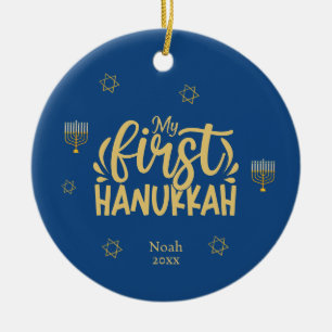 Mein erstes Hanukkah Blau, Stern, Menorah Keramik Ornament