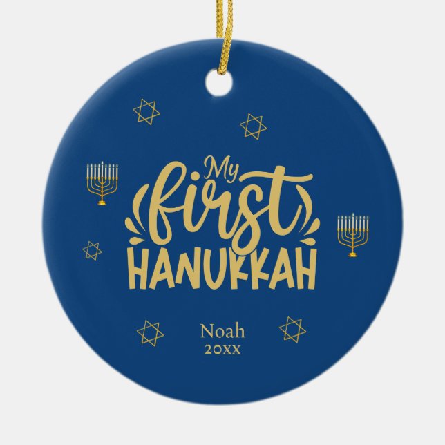 Mein erstes Hanukkah Blau, Stern, Menorah Keramik Ornament (Vorne)