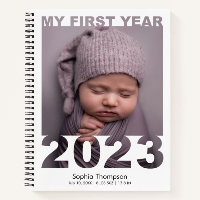 Mein erstes Jahr 2023 Modernes Cutout Baby Foto Wh Notizbuch (Vorderseite)