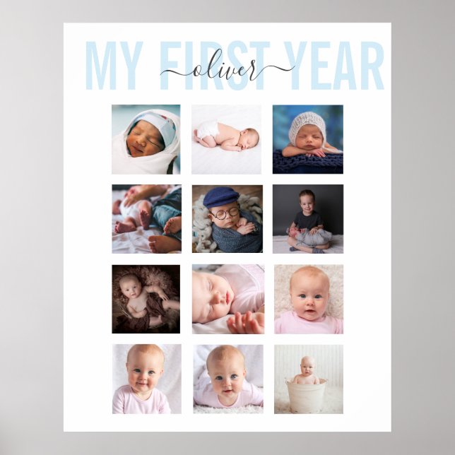 Mein erstes Jahr Baby Name 12 Foto Collage Poster (Vorne)