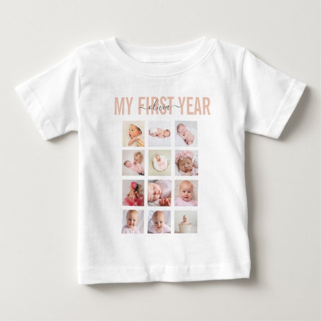 Mein erstes Jahr Baby Name 12 Foto Collage T-shirt (Vorderseite)