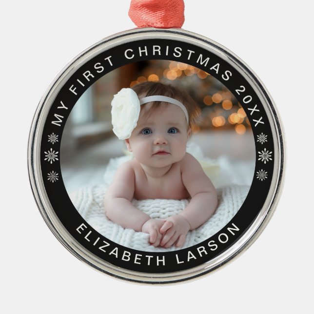 Mein erstes Personalisiertes Baby Foto Black Ornament Aus Metall (Vorne)